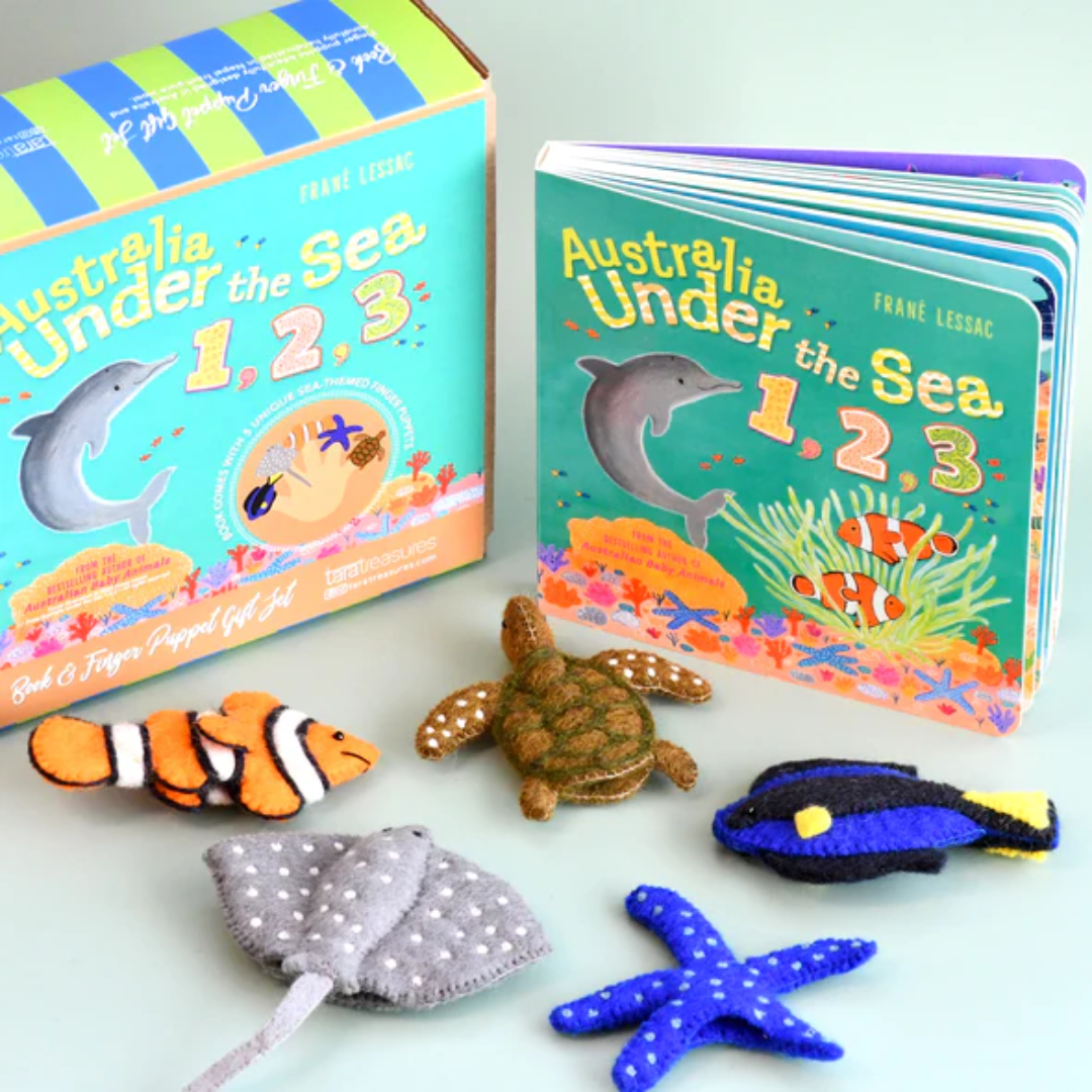 "Australia Under the Sea 1, 2, 3" By Frané Lessac - Book and Finger Puppet Set