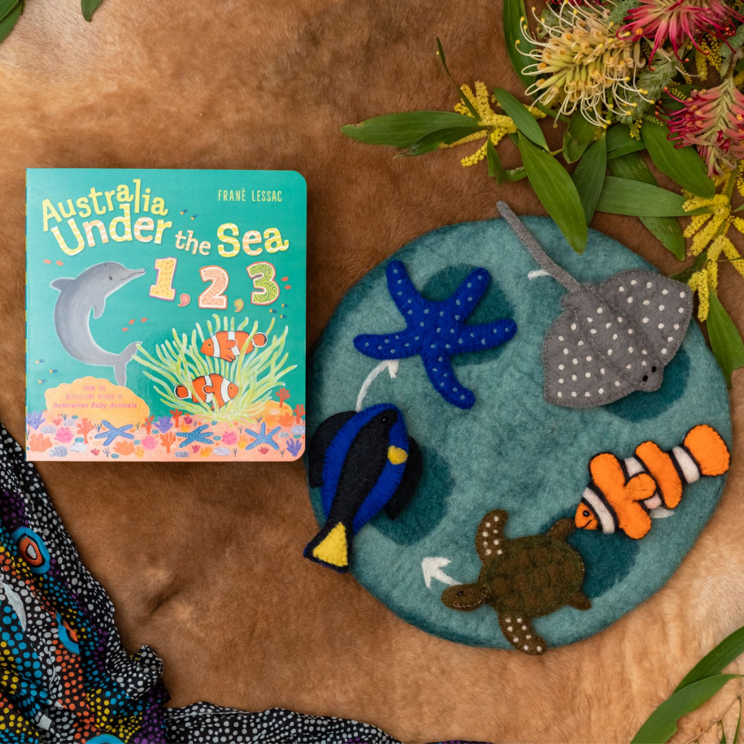 "Australia Under the Sea 1, 2, 3" By Frané Lessac - Book and Finger Puppet Set