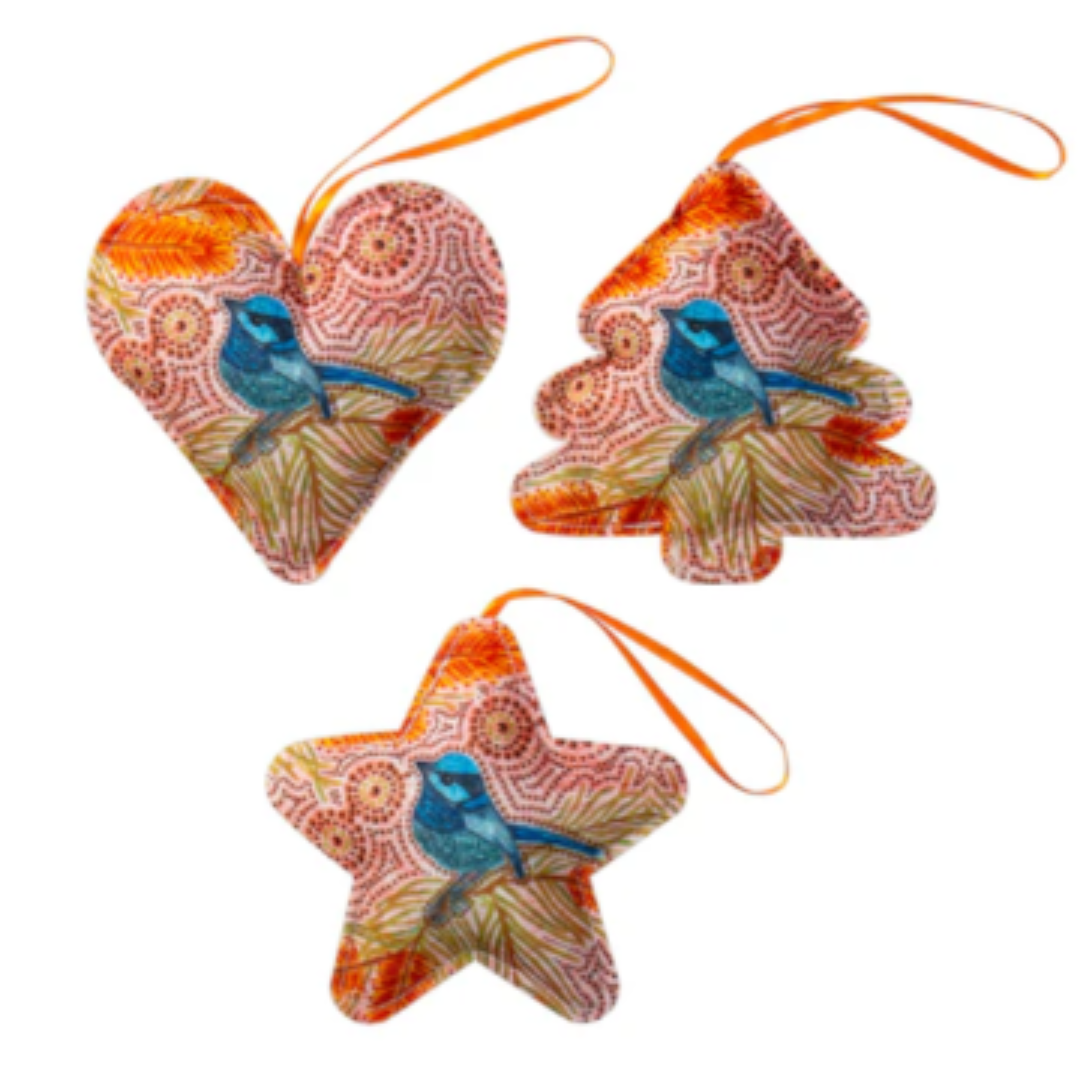 3 Pack Aboriginal Christmas Ornaments -  Blue Wren